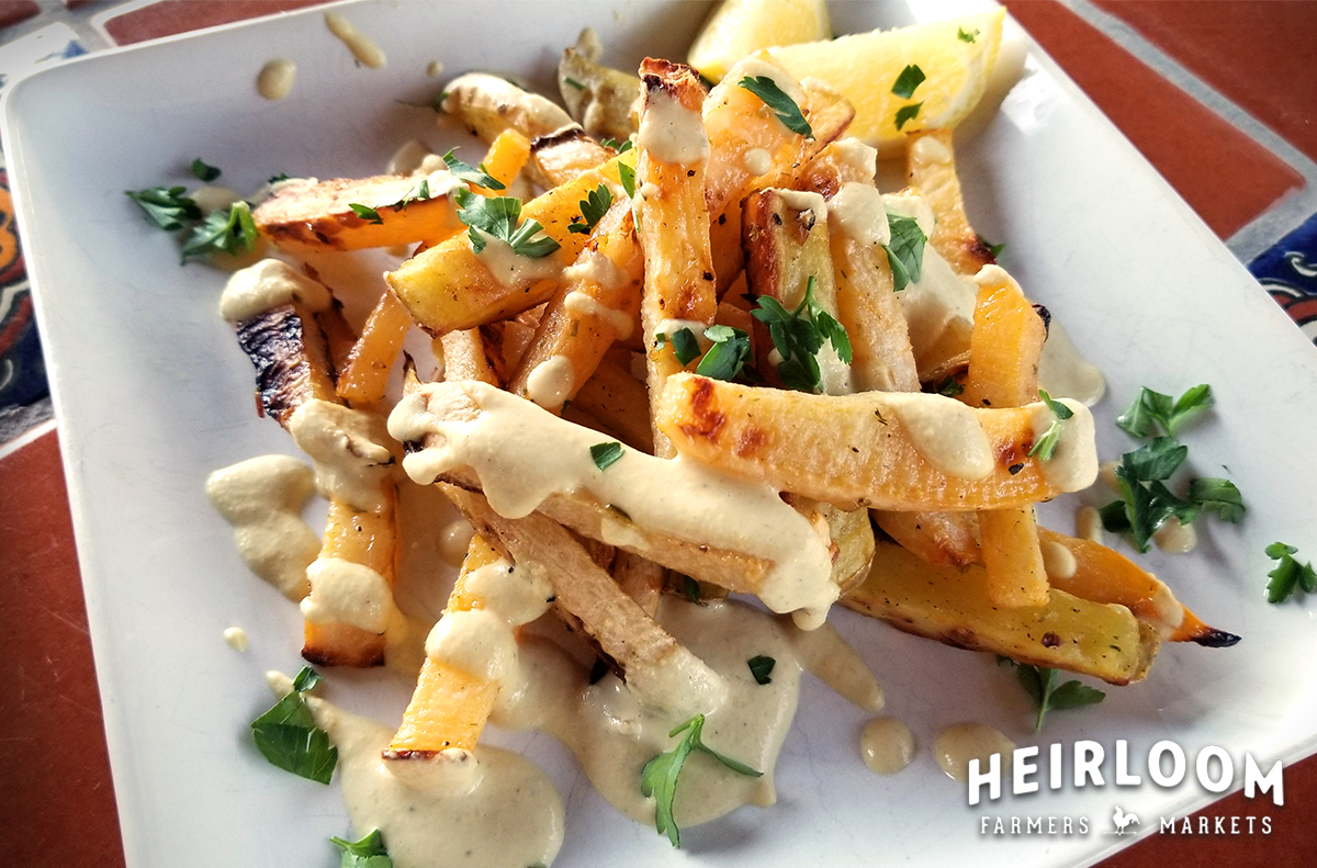 Parsnip Fries with Lemon Garlic Tahini Sauce / Heirloom Farmers Markets
